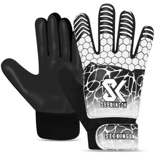 Youth Soccer Goalie Gloves - Size 4 for 6-9 Years - White/Black