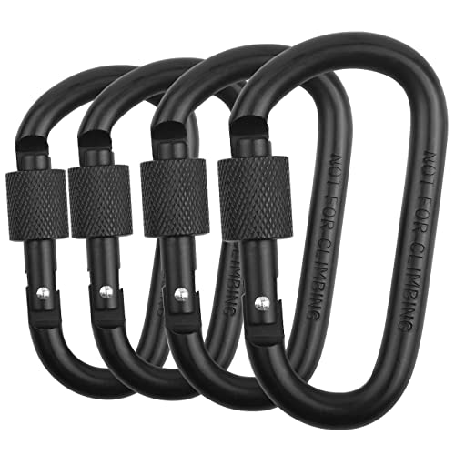 Locking Carabiner Clip - 3 Inch D Ring Aluminum Hook, Black 4pcs