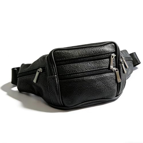 Black Genuine Cowhide Leather Fanny Pack with 7 Pockets & Adjustable Waist Strap