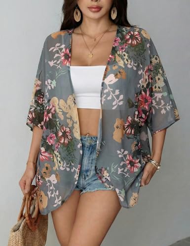 Floral Chiffon Beach Cover Up Kimono Cardigan - Grey Large