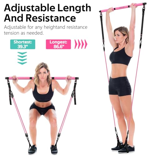 Pilates Bar Kit with 6 Resistance Bands - Adjustable, Pink