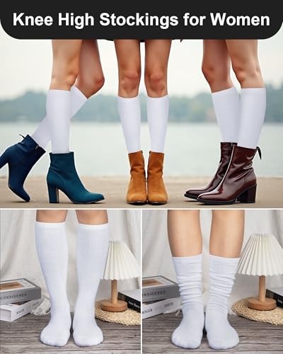 Senker Fashion Large White Cotton Knee High Socks 4 Pairs for Women