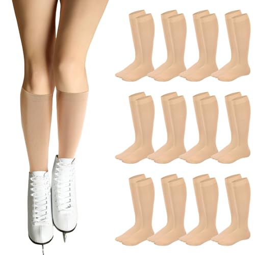 Knee High Ice Skating Socks for Women - 12 Pcs, One Size Nude