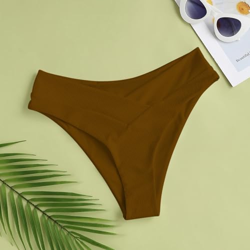 High Waisted Ribbed Cheeky Bikini Bottom - X-Large Brown