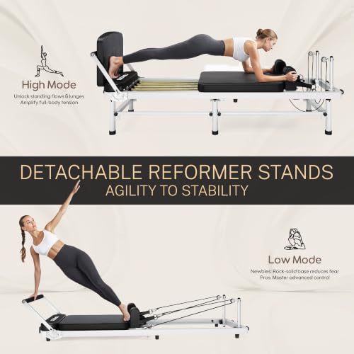 91'' Foldable Pilates Reformer Machine - White, 3 in 1 with High & Low Mode