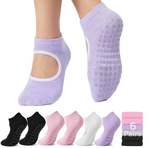 Pilates Socks for Women - 6 Pairs Non-Slip Grip - Black, Pink, Silver Gray, Purple
