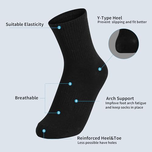 Cushioned Crew Socks - 12 Pack Cotton Athletic Socks - Black 8.5-9.5