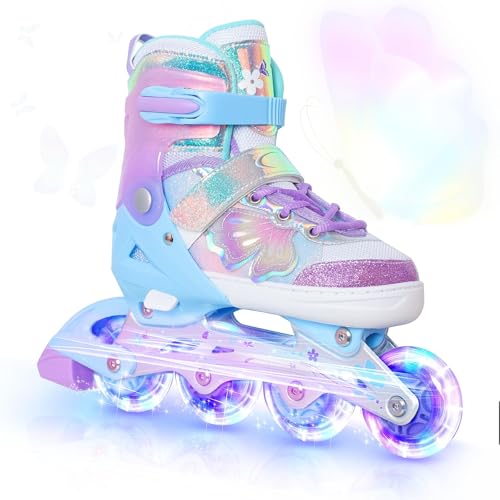 Adjustable Inline Skates for Kids - Purple Butterfly Design, Light Up Wheels