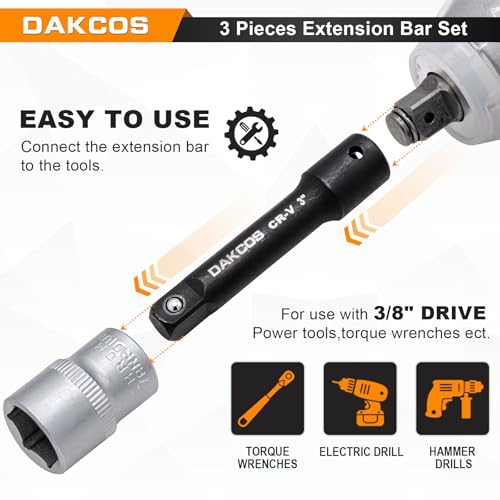 3 Pieces 3/8-Inch Drive Impact Extension Bar Set Includes 3 6 10 Inch Socket Extensions, Premium Chrome Vanadium Steel with Black Phosphate Finish
