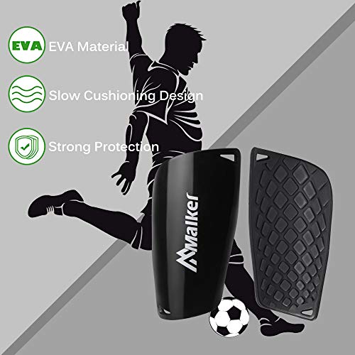 Malker Kids Youth & Adult Black Large Soccer Shin Guards with Sleeves - Lightweight & Protective