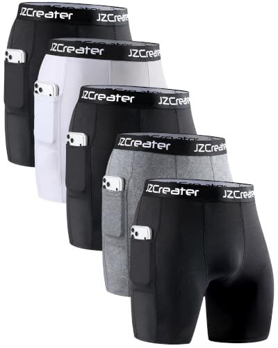 JZCreater 5-Pack Men’s Compression Shorts with Pocket – 3 Black, 1 White, 1 Grey Baselayer