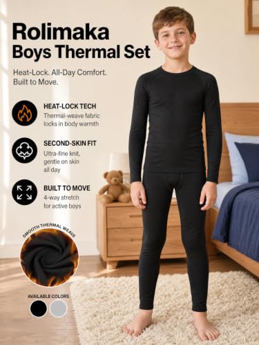 Rolimaka Boys Thermal Underwear Set Large Black Fleece Lined Long Johns - Compression Base Layer for Cold Weather Sports