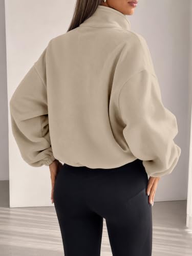 AUTOMET Women's Fleece Jacket Zip Up Oversized Cropped Sweatshirt - Medium Khaki
