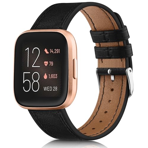 Genuine Leather Replacement Band for Fitbit Versa 2 - Black