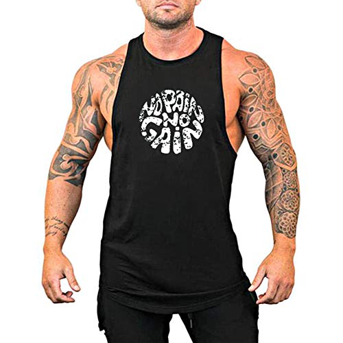 Men's Gym Workout Stringer Tank Top - NO Pain NO GAIN - X-Large Black