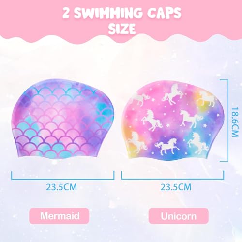 WAWSAM 2 Pack Kids Silicone Swim Caps Unicorn Mermaid Design for 3-8 Years – Purple Mix (Long & Short Hair)