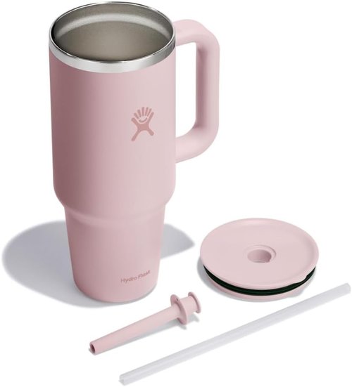 Hydro Flask Travel Tumbler - Insulated Stainless Steel with Handle, Lid & Straw | 40 Oz Tonal Trillium Pink