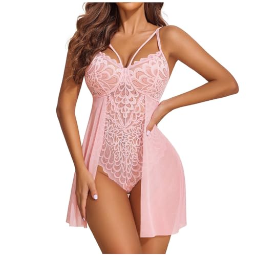 Women Lace Bodysuit Lingerie Deep V Teddy - Pink, Medium