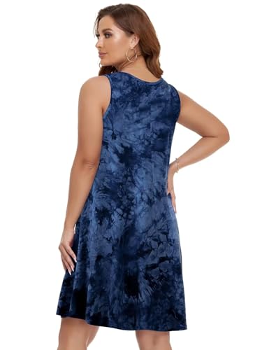 BELAROI Tie Dye Dark Blue 2X Summer Sundress with Pockets & V Neck