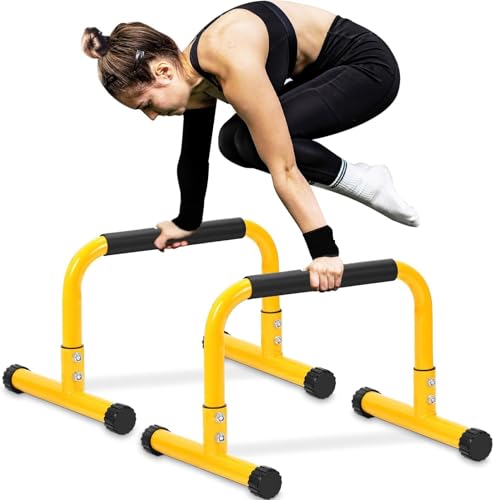 TABEKE 14'' Push Up Bar Parallettes with Full Foam Handle, Heavy-Duty Steel Dip Bar (Yellow)