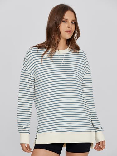 Simplee Women's Oversized Striped Sweatshirt Grey Blue Large Casual Crewneck Pullover