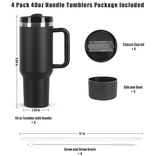 Black 40 oz Stainless Steel Tumbler with Handle & Straw Lid - Bulk 4 Pack