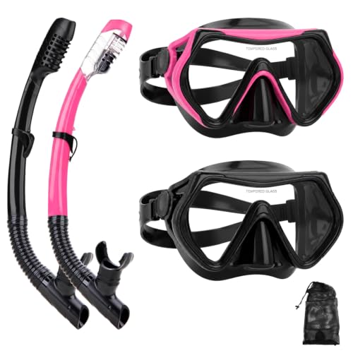 DIPUKI Dry Snorkel Mask Set for Adults, 2 Pack (Black + Pink) with Anti-Splash Top Valve