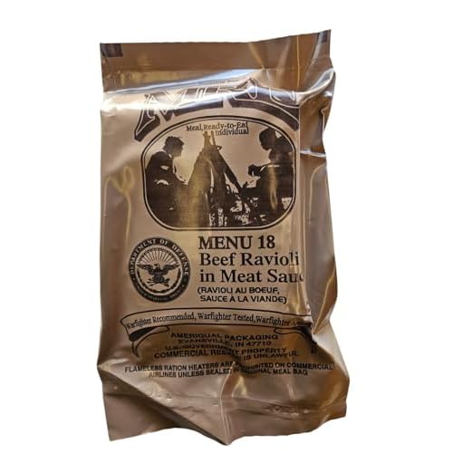 Genuine USGI Individual MRE [Meal, Ready to Eat] Inspection Date 01/2024 or Newer - You Choose Menu - Complete Ration with Entree, Snacks, Dessert, Drink Mix, Utensils, Condiments and FRH. (#18 Beef Ravioli)