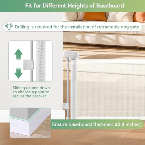 14" Tall Short Dog Gate to Step Over, Retractable Mesh Pet Door for Small Puppy, Extended up to 55" Wide for Indoor Stairs Doorways and Hallway(White)