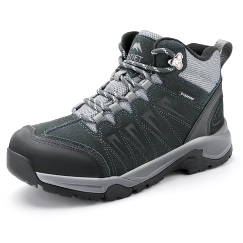 OUTJET Men's Waterproof Hiking Boots - Lightweight Leather Mid Ankle Trail Shoes, Dark Green, Size 11