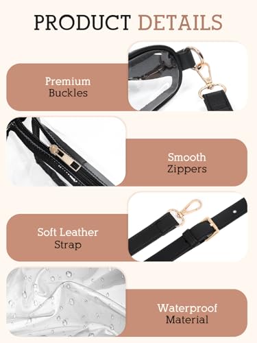 Clear Stadium Bag - PVC Waterproof Purse with Adjustable Strap - Black