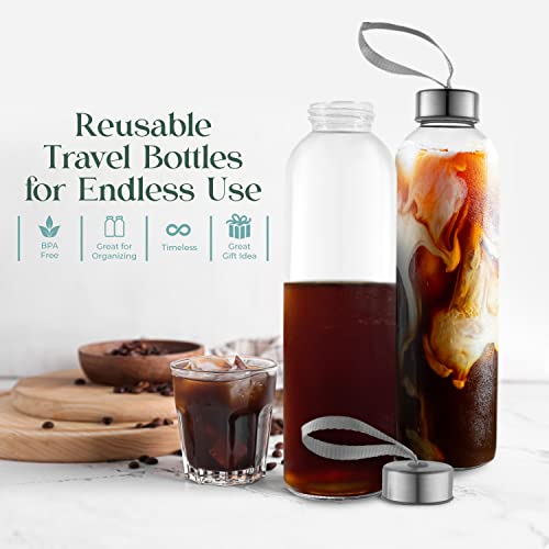 24oz Glass Water Bottles Set of 4 with Nylon Protective Sleeves - Leakproof & Eco-Friendly