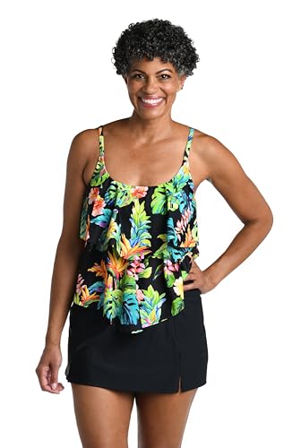 Maxine of Hollywood Women's 2-Tier Ruffle Tankini Swimsuit Top Black Oahu Oasis