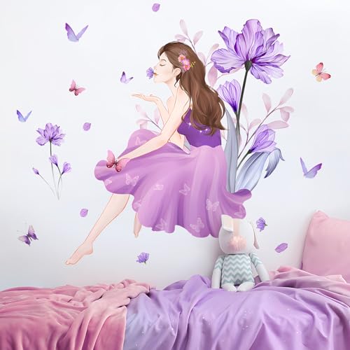 Butterfly Girl Wall Decals - Purple Flower Stickers, Fairy Decor for Girls Women Bedroom, Living Room, Sofa, TV Background