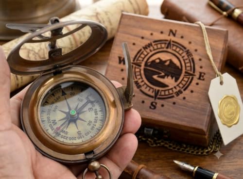 Brass Sundial Compass in Wooden Box with Engraved Message – Romantic Keepsake Gift
