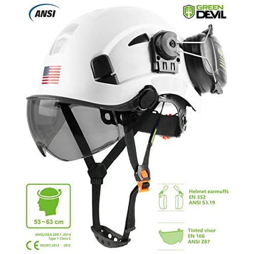 Safety Helmet Hard Hat with Visor and Ear Protection Adjustable Lightweight Vented ABS Work Helmet for Men and Women 6-Point Suspension ANSI Z89.1 Approved Ideal for Industrial & Construction