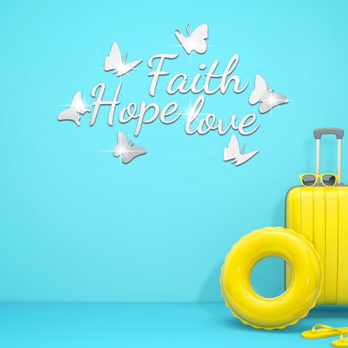 Faith Hope Love 3D Acrylic Mirror Wall Decor Stickers, Butterfly Faith Hope Love Wall Decal, Peel and Stick Motivation Letter Wall Sayings Vinyl Lettering Art Quotes for Home Bedroom, Silver