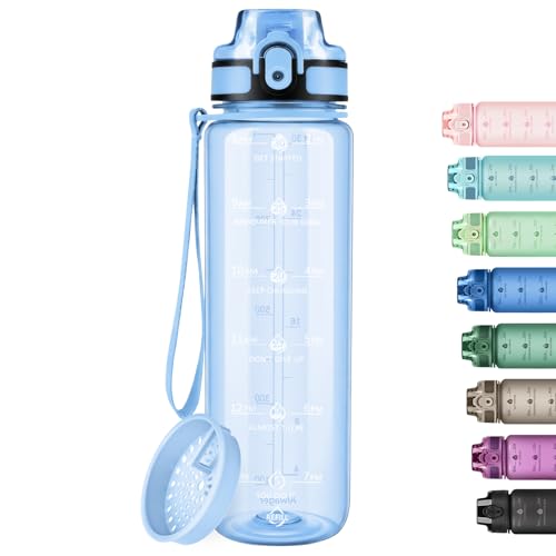 Alwager 32oz Water Bottle with Time Marker, Clear with Strap – BPA-Free Leak-Proof