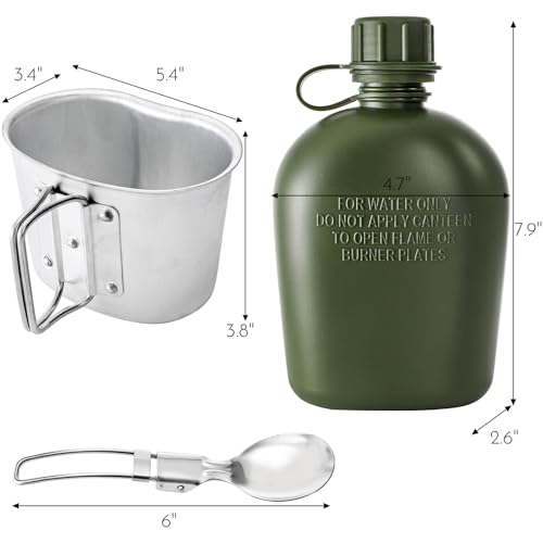 Military Canteen with Aluminum Cup & Utensils - 1 Quart Portable Water Bottle for Camping & Hiking