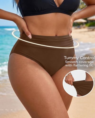 Holipick Women's High Waisted Bikini Bottoms - High Cut Tummy Control Swimwear, Brown, Large