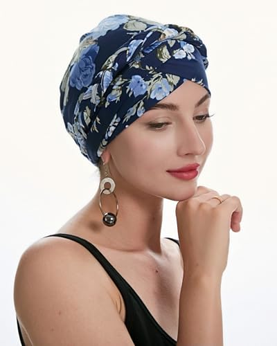 ZLYC Women's Pre-Tied Braid Floral Navy Lightweight Chemo Headwear Turban