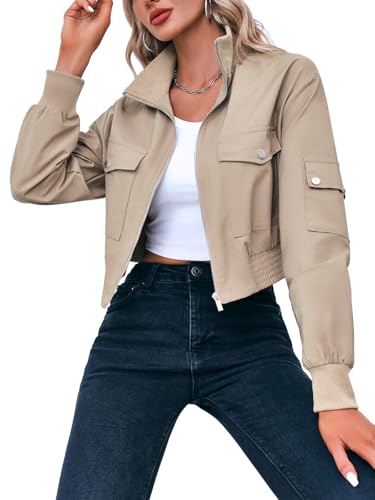 Fisoew Women's Cropped Khaki Bomber Jacket X-Small Lightweight Zip Up Coat