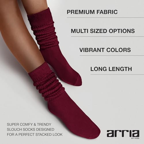 Slouch Socks - Women's Soft Ribbed Boot Socks, Medium Thickness, Burgundy, Small-Medium