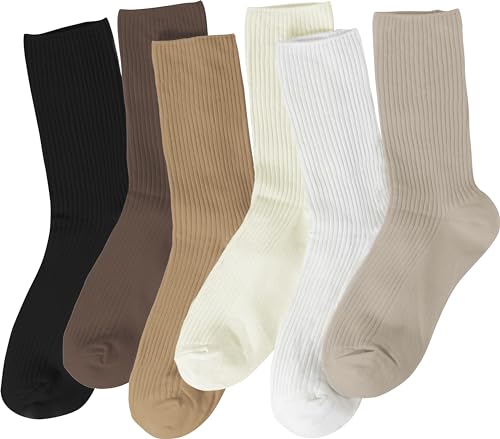 Thin Solid Cotton Crew Socks for Women - Above Ankle, 9-11, Black Cream White Khaki Light Brown Coffee