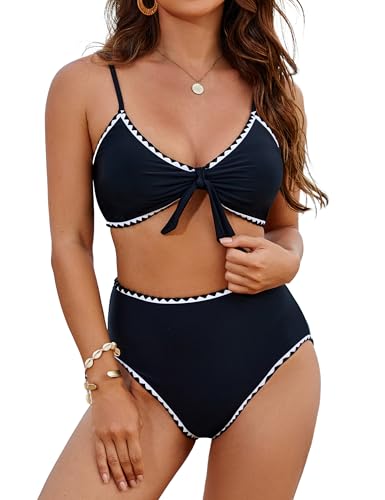 Blooming Jelly Women's High Waist Tie Bikini Set - Large Black Swimsuit