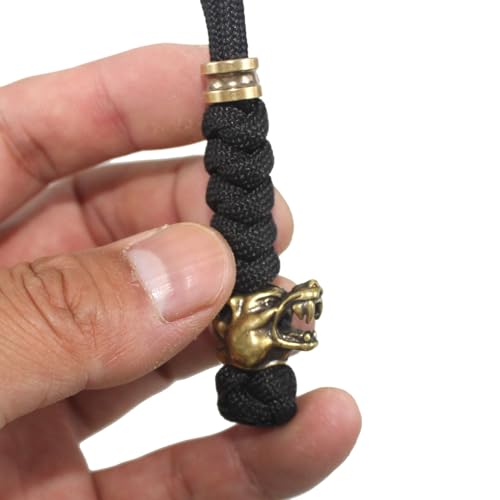 5-Inch Knife Lanyard with Brass Wolf Bead Paracord Keychain - Black