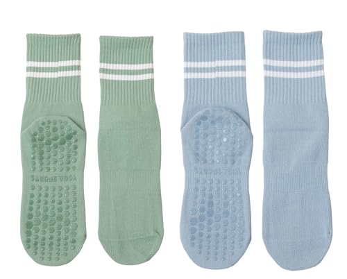 Yoga Socks for Women - Cotton Non-Slip Grips, 2 Pack Green+Blue, Above Ankle