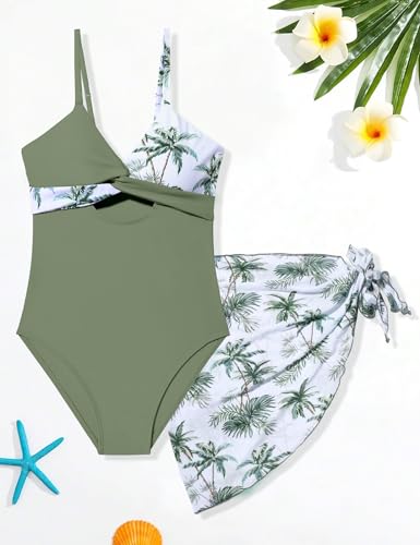 Girls Tankini Swimsuit U-Neck Tropical Print 2-Piece - Green Tropical / 9-10 Years