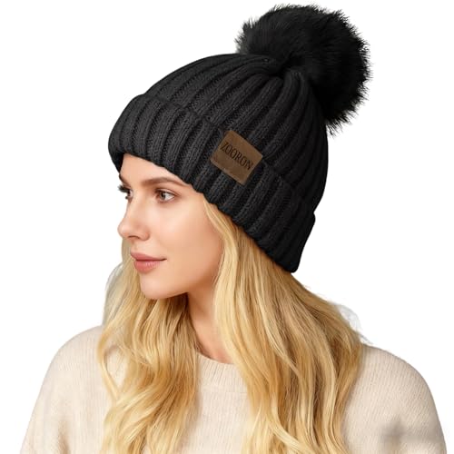 Winter Knitted Beanie Hat with Faux Fur Pom - Black