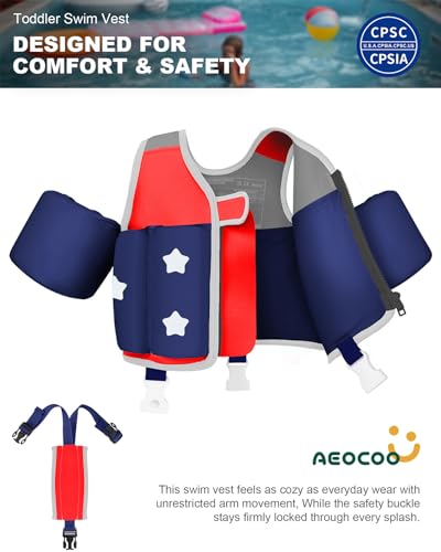 AEOCOO Toddler Swim Vest with Crotch Strap - Red / M (Chest Up to 26.77in, 30-50lb, 2-5Y)
